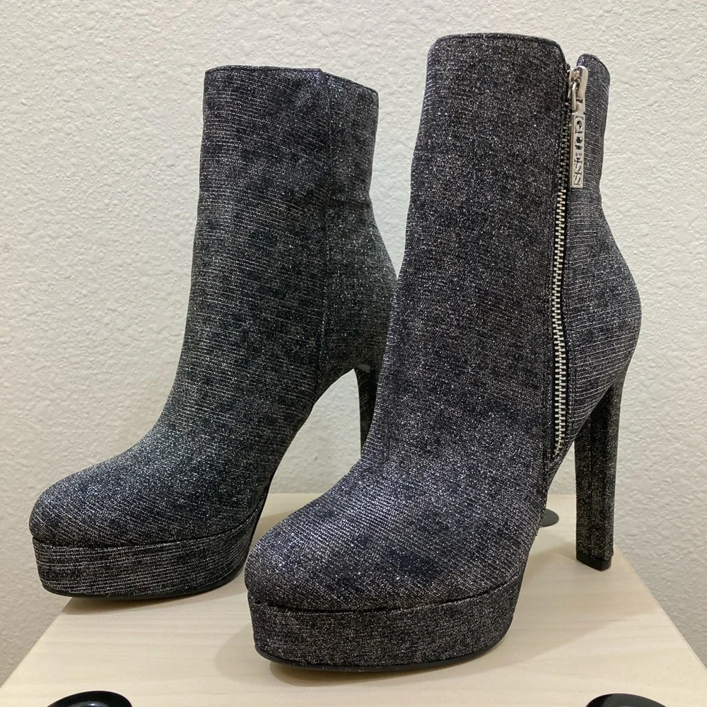 Guess Dejah Charcoal Glitter Platform Booties Side Zip High Heel Size 6